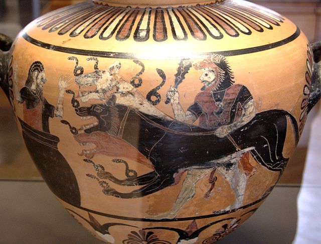 An ancient Etruscan vase from Caere (c. 525 BC), depicting Heracles presenting Cerberus to Eurystheus