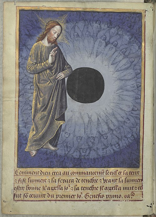 The first day of creation, by Jean Colombe from the Heures de Louis de Laval [fr] (see Louis de Laval)