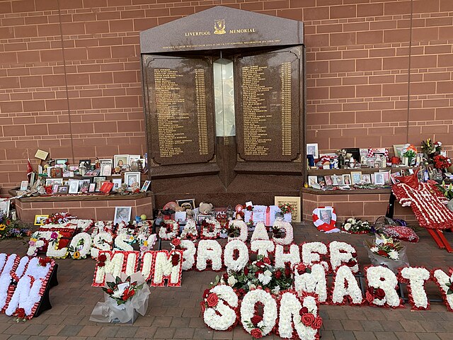 The Hillsborough memorial, which is engraved with the names of the 97 people who died in the Hillsborough disaster.