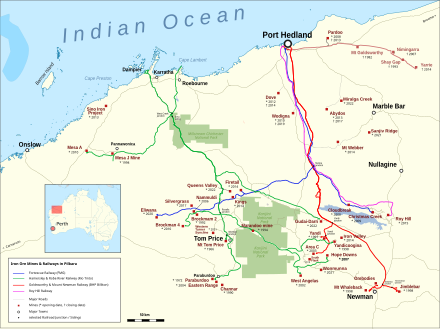 Railways in the Pilbara region. BHP railways, including the Goldsworthy railway, are in red
.mw-parser-output .legend{page-break-inside:avoid;break-inside:avoid-column}.mw-parser-output .legend-color{display:inline-block;min-width:1.25em;height:1.25em;line-height:1.25;margin:1px 0;text-align:center;border:1px solid black;background-color:transparent;color:black}.mw-parser-output .legend-text{}
. Iron ore Pilbara 2.svg