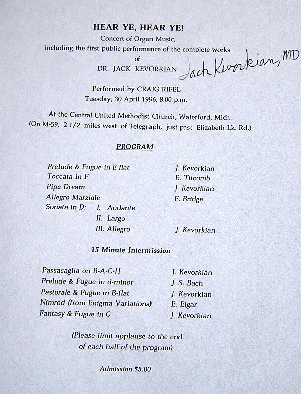 Concert program from Jack Kevorkian's 1996 concert