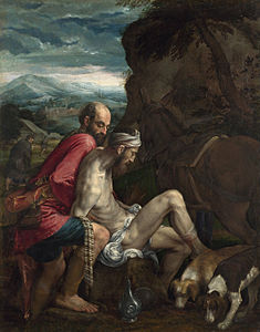 Jacopo Bassano, v. 1562-63. Le bon Samaritain, 102 × 79 cm. National Gallery[39], Londres