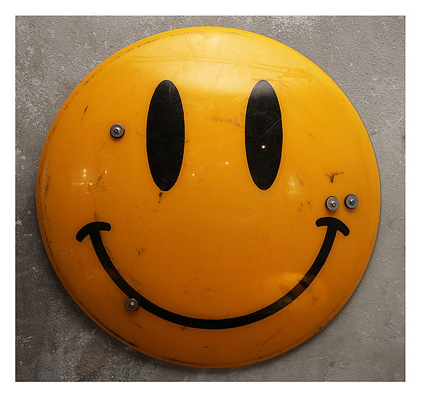 James Cauty Smiley Riot Shield, acrylic on appropriated ex-police riot shield, 2014