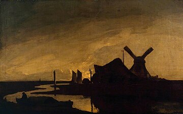Peinture représentant les rives d'un fleuve la nuit: les silhouettes de voiles de bateau et d'un moulin à vent se découpent sur un ciel orange.