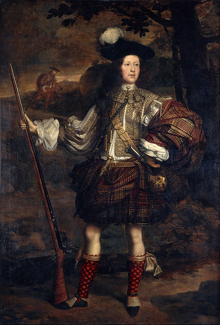 A drawstring under the plaid and a belt over it may both be visible in this late 1600s portrait of Lord Mungo Murray.