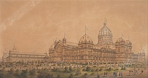 The 1880 Melbourne Exhibition Hall where Goodall's wares received numerous accolades. Joseph Reed - The Exhibition Building Melbourne 1880, the South West Aspect of the Main Hall - Google Art Project.jpg