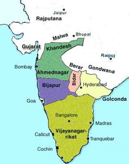 Kaart van het zuiden van India in de 16e eeuw, met daarop de sultanaten van de Dekan en het Vijayanagararijk