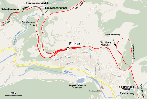 Albulabahn, map of railway station Filisur, Landwasser Viaduct and tunnel Landwassertunnel, Greifenstein Tunnel.