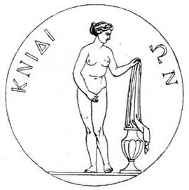 Engraving of a coin from Knidos showing the Aphrodite of Cnidus, by Praxiteles