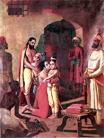 Krishna and Balarama meet their parents. 19th-century painting by Raja Ravi Varma