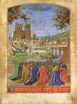 An illustration by Jean Fouquet from about 1450 that depicts the cathedral of Notre-Dame with the rest of Paris in the background La Descente du Saint-Esprit.jpg