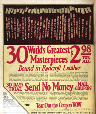 Advertisement for the Little Leather Library Corporation in Judge, 26 Feb 1921. LittleLeatherLibraryCorporationJudge1921.png