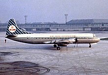 L188C Electra of KLM Royal Dutch Airlines operating a passenger service at Manchester Airport in 1963