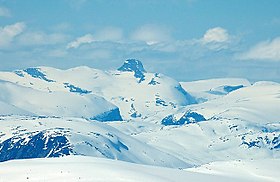 Vue du Lodalskåpa, au centre, au cœur du glacier Jostedalsbreen