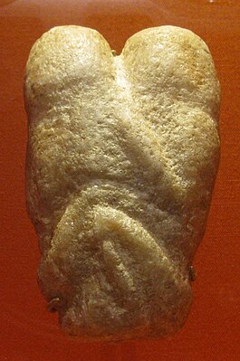 The Ain Sakhri lovers; c. 9000 BCE (late Epipalaeolithic Near East); calcite; height: 10.2 cm, width: 6.3 cm; from Ain Sakhri (near Bethlehem, Palestine); British Museum (London)