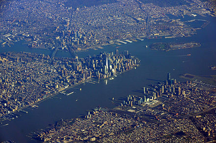 Upper New York Bay and the Hudson River in the foreground; the East River is on the left, just above center.