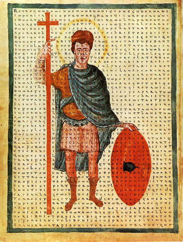 Carolingian Emperor Louis the Pious represented as a Roman soldier holding a Christian cross, with superimposed poem De Laudibus Sanctae Crucis by Rabanus Maurus, 9th century