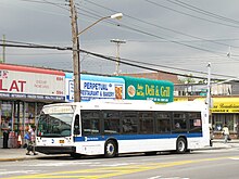 A 2011 Nova Bus LFS (8034) on the B6 Limited at East 82nd Street in Canarsie. MTA New York City Bus Nova LFS Rigid (2011).jpg