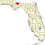 Mapa stanu z zaznaczeniem hrabstwa Gadsden w północno-zachodniej części stanu.  Jest średniej wielkości.