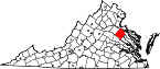 Hartă a statului Virginia indicând comitatul Caroline