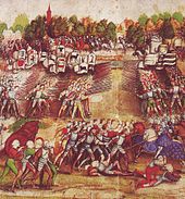 Depiction of Swiss mercenaries assaulting the Landsknecht mercenaries in the French lines at the Battle of Marignano, 1515. Marignano.jpg