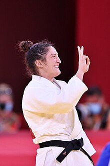 Aguiar celebrating her third Olympic bronze medal, won at the Tokyo 2020 Olympic Games. Mayra Aguiar 2.jpg