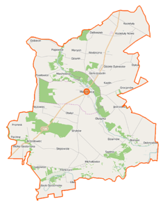 Mapa konturowa gminy Mogielnica, po lewej nieco na dole znajduje się punkt z opisem „Brzostowiec”