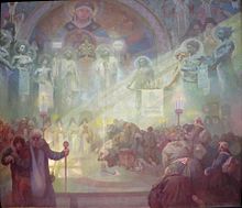 Holy Mount Athos: The Holy Mount Athos: Sheltering the Oldest Orthodox Literary Treasures (1926), by Alphonse Mucha, The Slav Epic Mucha, Alfons - Der Heilige Berg Athos - 1926.jpg