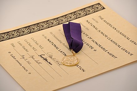 The National Latin Exam gold medal and certificate