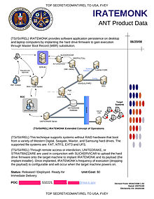 The NSA's listing of its Tailored Access Operations program named IRATEMONK from the NSA ANT catalog. NSA IRATEMONK.jpg