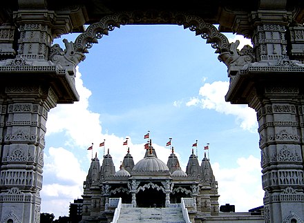 Front view of the BAPS Shri Swaminarayan Mandir in Neasden.