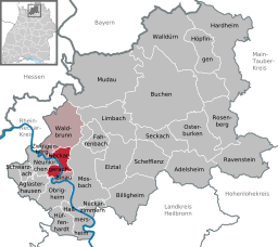 Läget för Neckargerach i Neckar-Odenwald-Kreis