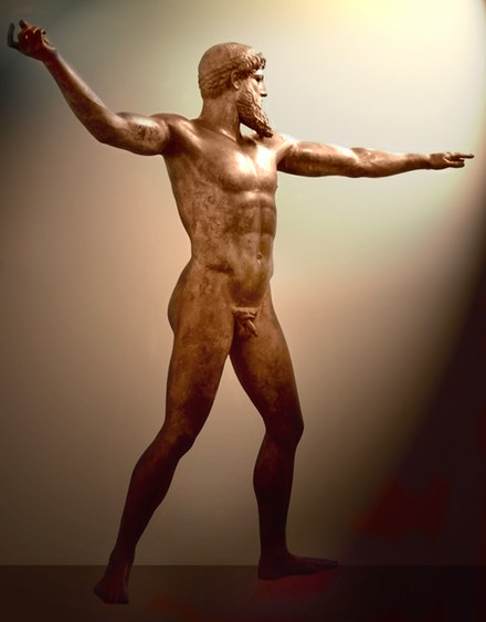 Artemision Bronze, thought to be either Poseidon or Zeus, c. 460 BC, National Archaeological Museum, Athens. Found by fishermen off the coast of Cape Artemisium in 1928. The figure is more than 2 m in height.