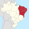 Localização do Nordeste no mapa do Brasil.