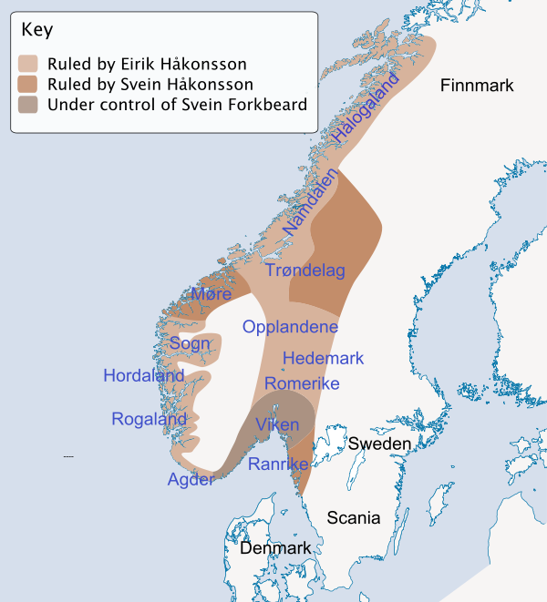 Division of Norway after the Battle of Svolder according to the Heimskringla.