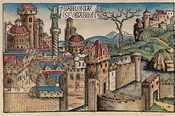 Babilònia en la Crònica de Núremberg (1493), imaginada com una ciutat europea emmurallada del segle xv, amb les seves cases de teulades nòrdiques, encara que amb diverses cúpules similars a la de Brunelleschi a Florència i una columna a l'estil de la columna Trajana