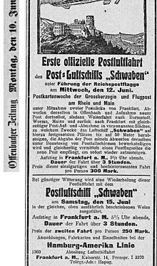 Werbung für die Postkartenwoche der Großherzogin und Flugpost an Rhein und Main, Offenbach Post vom 10. Juni 1912