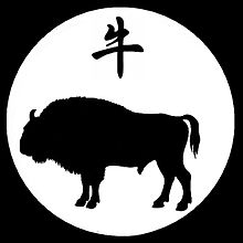 Zodiacal ox,showing the Chinese character niu (Niu ),meaning "ox"or "bovine creature". The same character is also used in some related languages. OMBRE CHINOISE BUFFLE.jpg