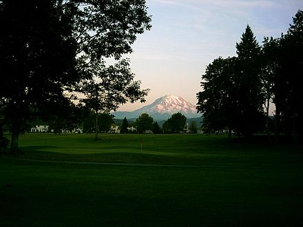 Mount Rainier as seen from the High Cedars Golf Course in Orting, bordering the Puyallup River