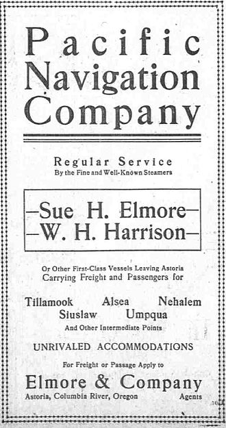 Advertisement for Sue H. Elmore and W.H. Harrison, 1904. Pacific Navigation Company ad 1904.jpg