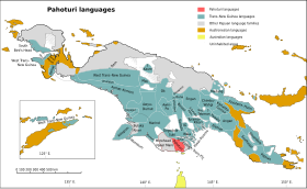 Distribuirea limbilor pahoturi în Noua Guinee, pe roșu pe hartă.