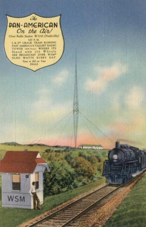 Postcard of the Pan-American passing the WSM transmitter in Nashville