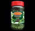 Freeze-dried parsley showing name in German, Spanish and Greek on the label