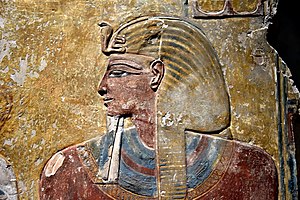 Pharaoh Seti I, detail of a wall painting from the Tomb of Seti I at the Valley of the Kings, Western Thebes, Egypt. Neues Museum.jpg