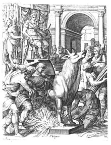 Perillos being forced into the brazen bull that he built for Phalaris Pierre Woeiriot Phalaris.jpg