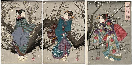 The overall silhouette of the kimono transformed during the Edo period due to the braodening of the obi, lengthening of the sleeves, and the style of wearing multiple layered kimono. (Utagawa Kuniyoshi, Plum Blossoms at Night, woodblock print, 19th century)