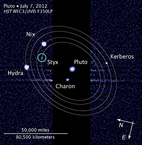 Discovery image of Styx, overlaid with orbits of the satellite system