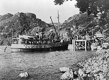 A ferry tying up at the Port Fitzroy wharf in about 1910