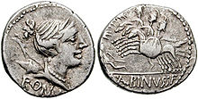 Denarius issued by Aulus Postumius Albinus, moneyer in 96 BC. The obverse depicts a head of Diana, inscribed Roma, while the reverse features three horsemen trampling a fallen enemy. Postumia 4 96 BC 56081.jpg