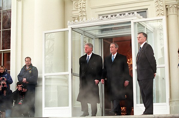 President Clinton and President–elect Bush depart the White House for the inaugural ceremony at the United States Capitol on January 20, 2001.